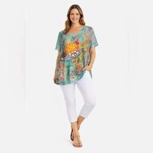 Leoma Lovegrove Fish Art Top XXXL Green Sheer Hem Short Sleeve Tee